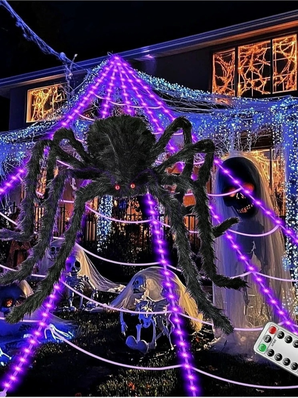 Giant Light-Up Halloween Spider Web with 250 LED Lights and Plush Spider